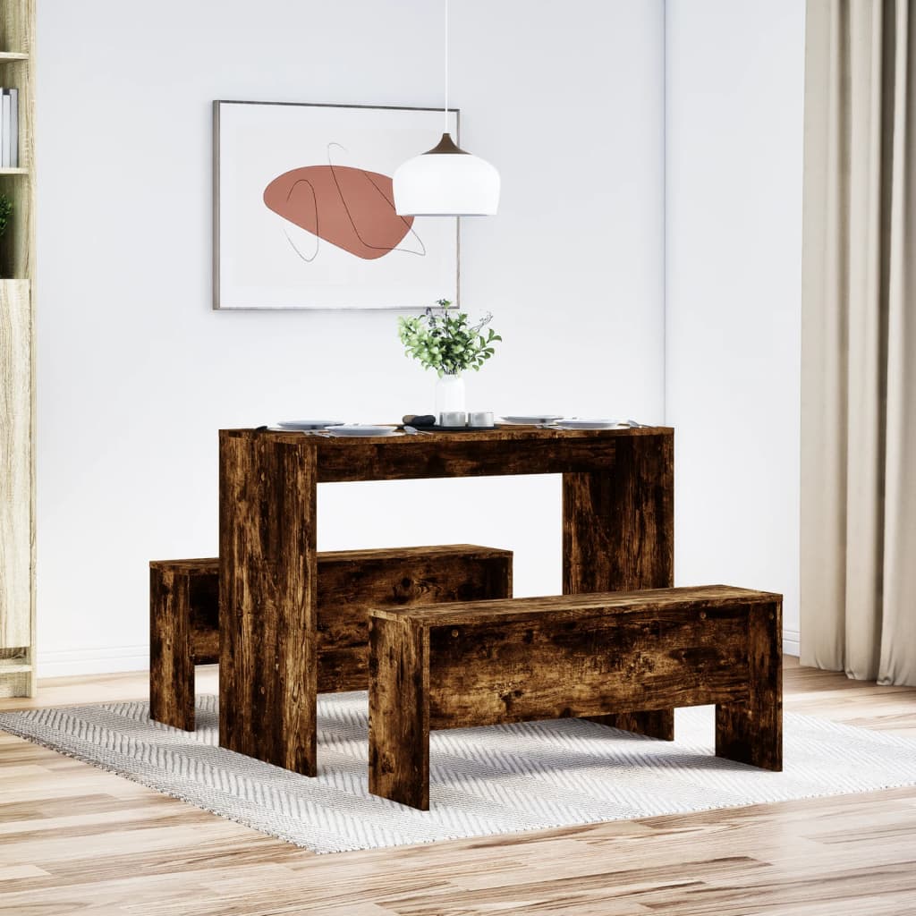 Vidaxl 3-delige eettafel en bankenset bewerkt hout gerookt eikenkleur