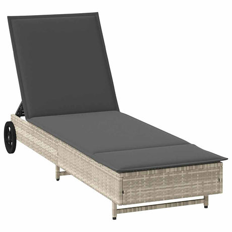 Vidaxl ligbed met wielen en kussens poly rattan lichtgrijs