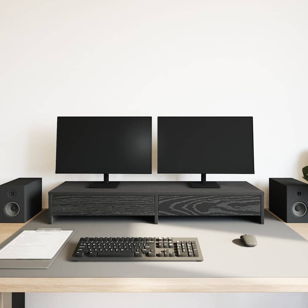 Vidaxl monitorstandaard met lades, zwart eiken, 100 x 27 x 15 cm, bewerkt hout