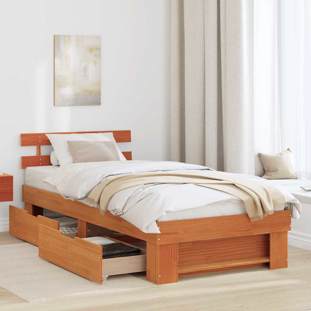 Vidaxl bedframe met hoofdeinde wasbruin 75 x 190 cm massief grenenhout