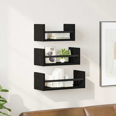 Vidaxl wandplankenset 3 st zwart eiken 40x16x14cm bewerkt hout