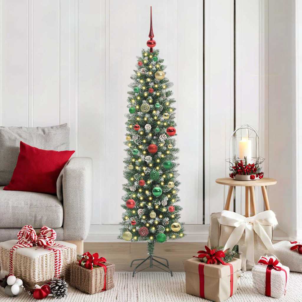 Vidaxl kunstmatige slanke kerstboom met 150 led groen en wit 150 cm