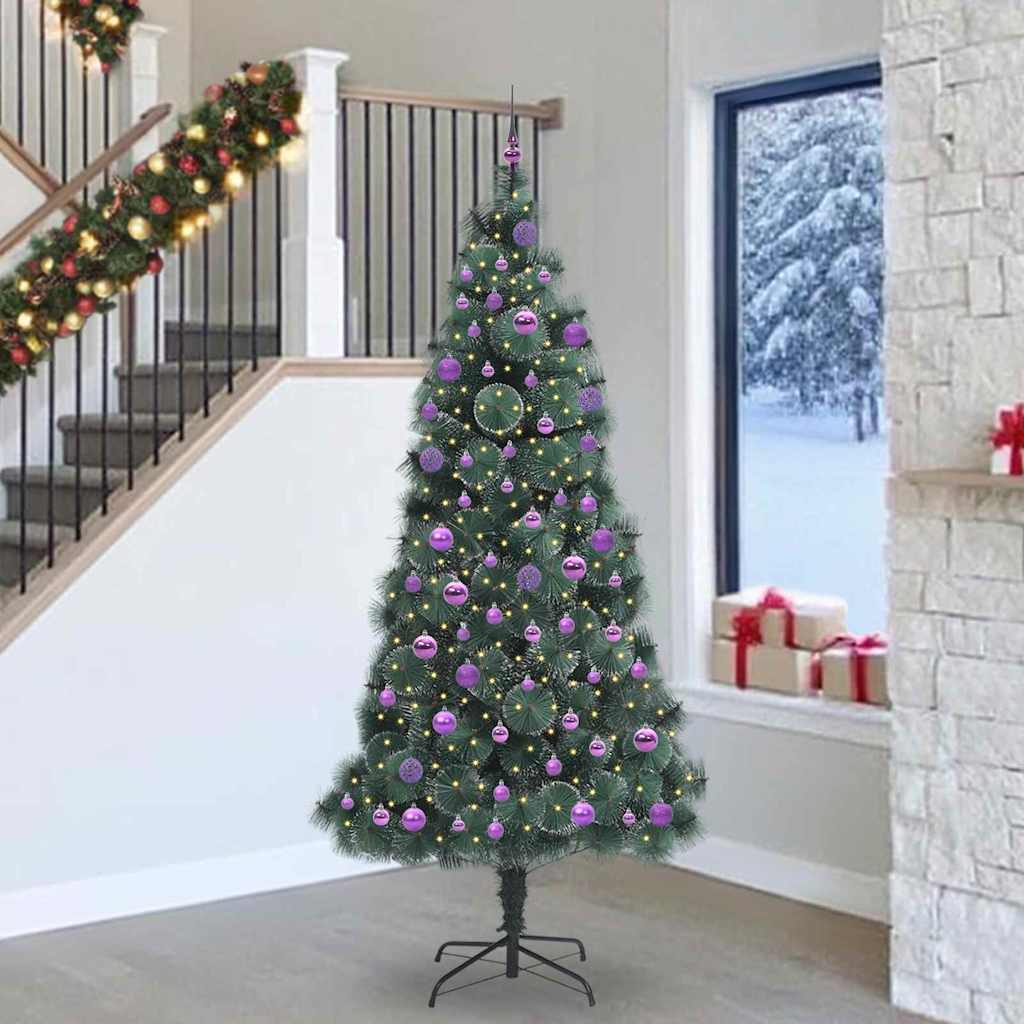 Vidaxl kunstkerstboom met ballen set, verlicht groen 240 cm pet