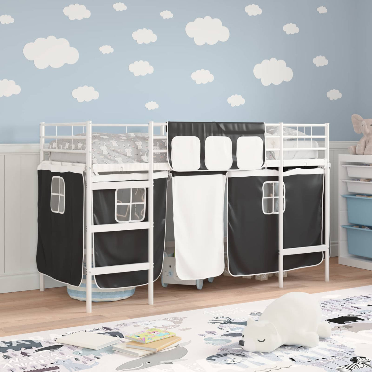 Vidaxl bunkbed voor kinderen met gordijnen wit en zwart 100 x 190 cm
