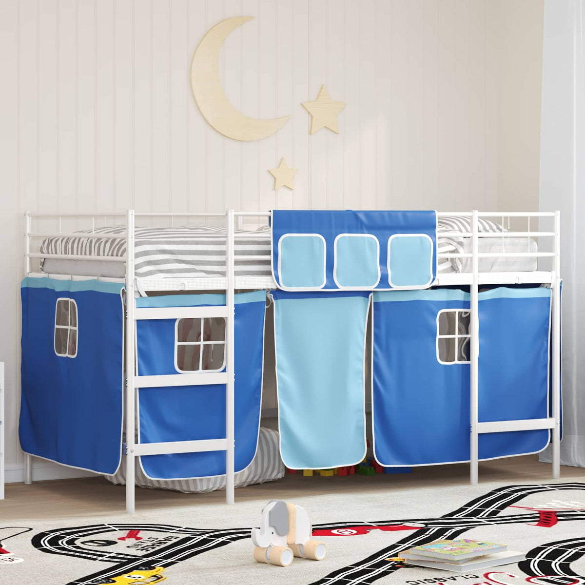Vidaxl bunkbed voor kinderen met gordijnen wit en blauw 90 x 200 cm
