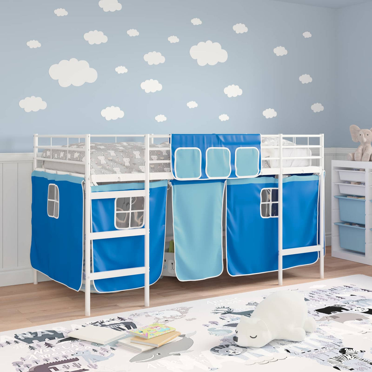Vidaxl bunkbed voor kinderen met gordijnen wit en blauw 90 x 200 cm