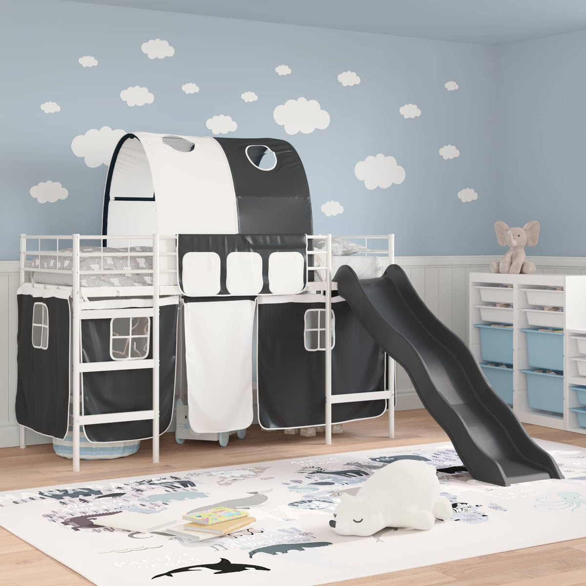 Vidaxl bunkbed voor kinderen met gordijnen wit en zwart 75 x 190 cm