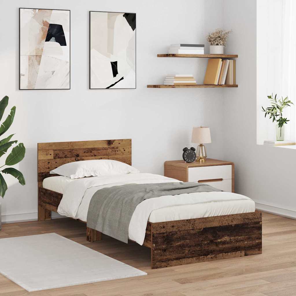 Vidaxl bedframe met hoofdeinde oud hout 90 x 200 cm bewerkt hout