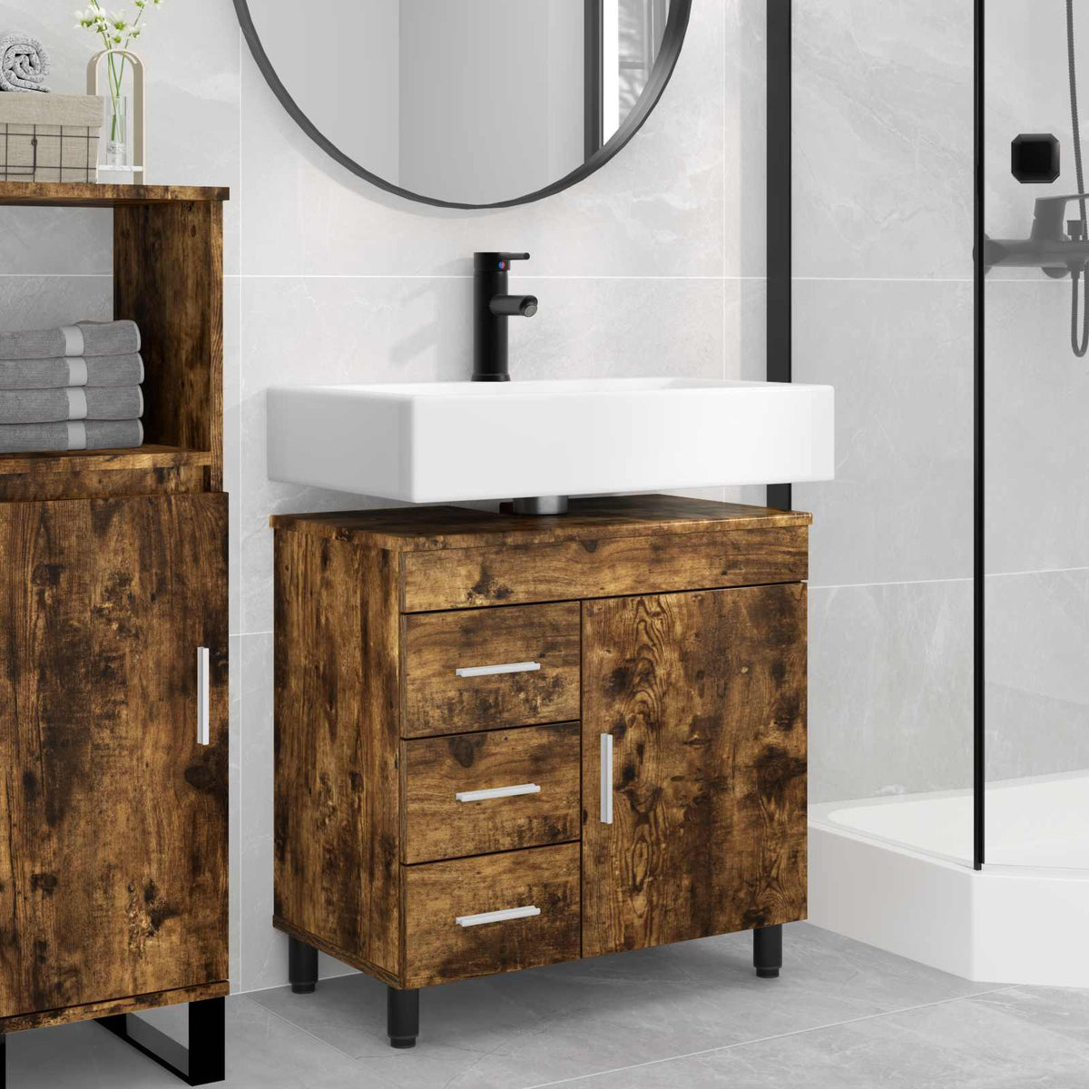 Vidaxl badkamer waskom gerookt eiken 60 x 35 x 60 cm bewerkt hout