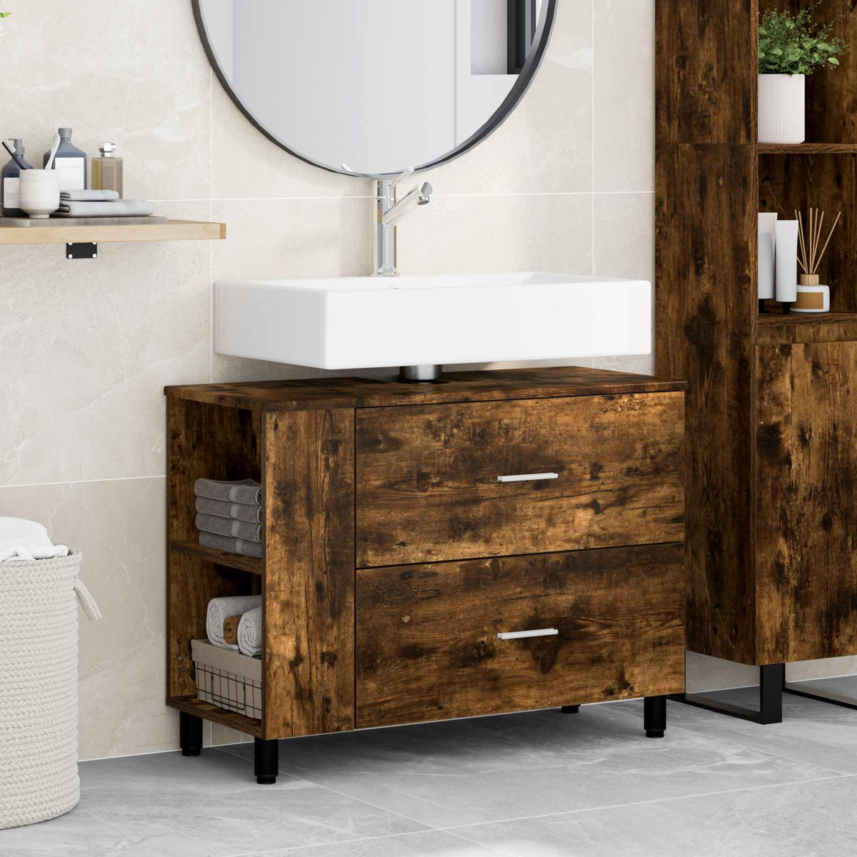 Vidaxl badkamer waskom gerookt eiken 80 x 35 x 60 cm bewerkt hout