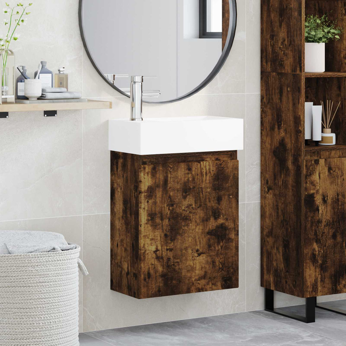 Vidaxl badkamermeubel met kraan gerookt eiken 45,5 x 22,5 x 84 cm
