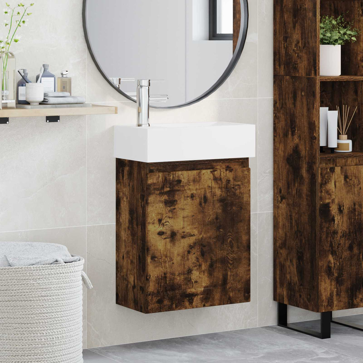 Vidaxl badkamermeubel met kraan gerookt eiken 45,5 x 25,5 x 84 cm