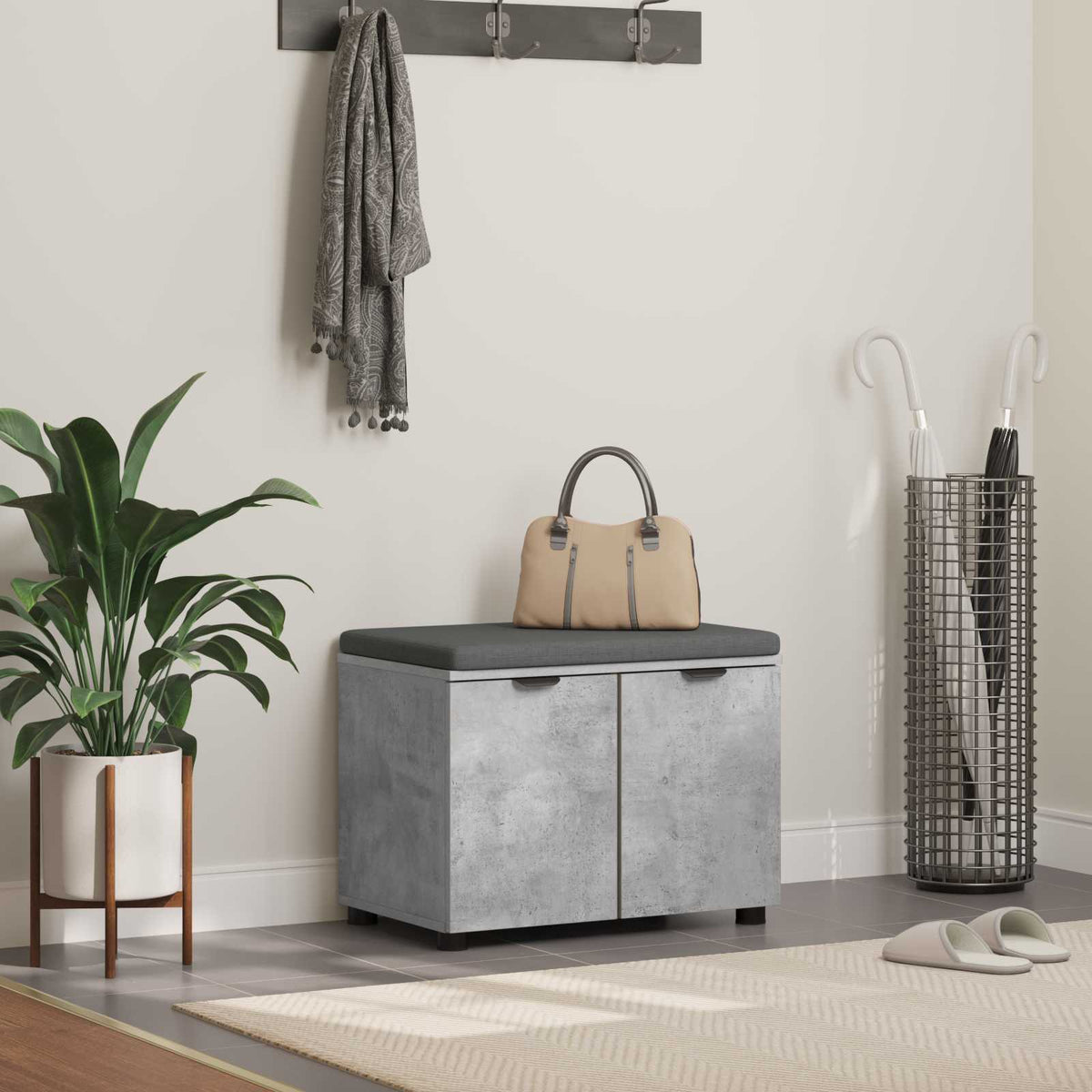 Vidaxl halbank met kussen met plank beton grijs 60 x 38 x 46 cm
