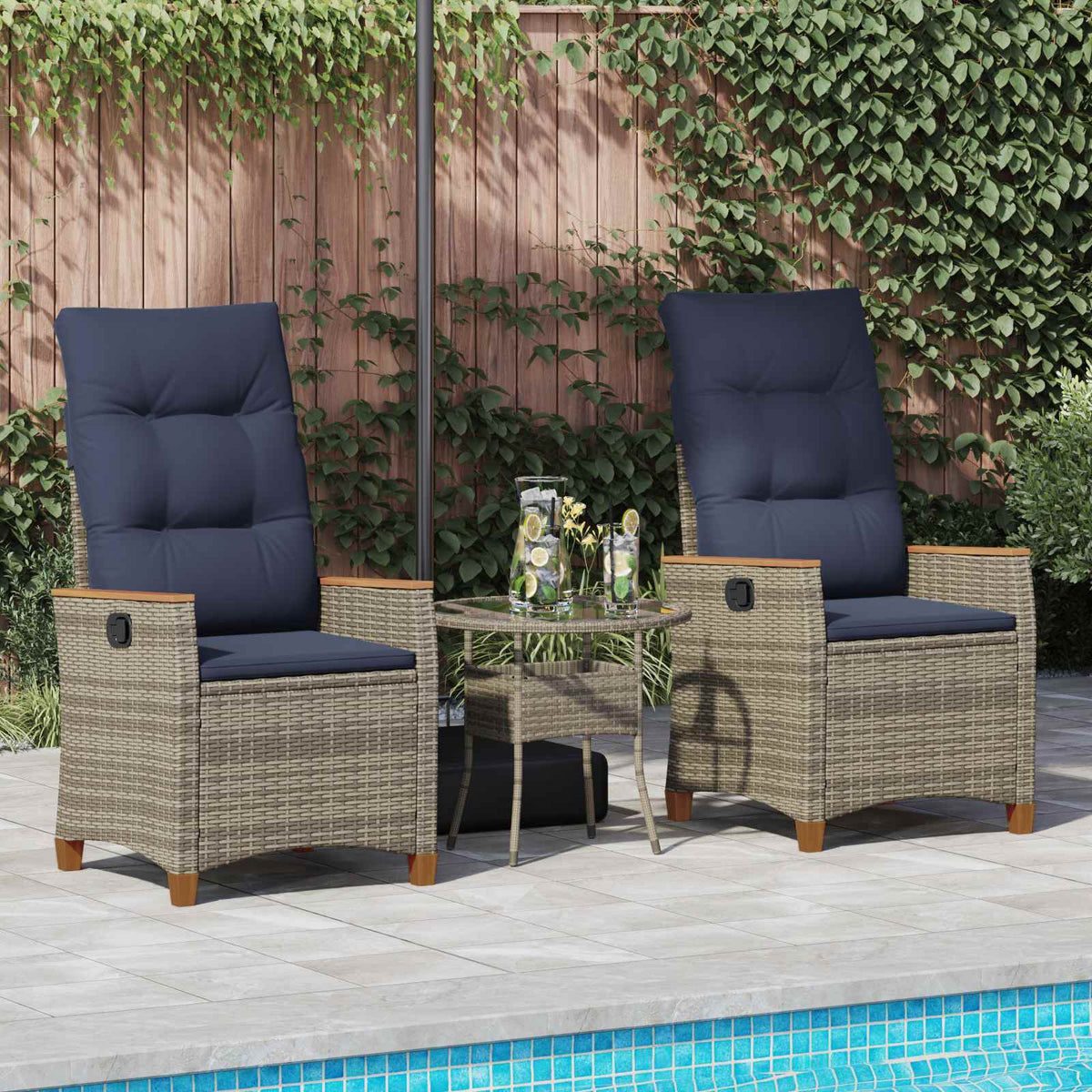 Vidaxl verstelbare tuinstoel 2 st grijs en marineblauw poly rattan