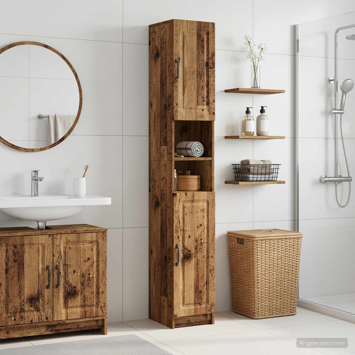 Vidaxl badkamerkast met open plank utrecht oud hout 30 x 31 x 187 cm