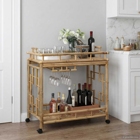 Vidaxl wijn trolley met wielen naturel 85 x 50 x 93 cm bamboe