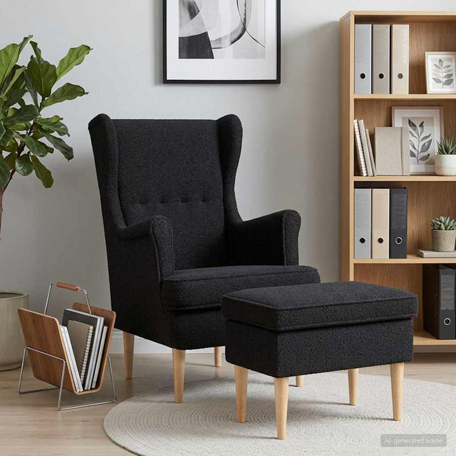 Vidaxl fauteuil met voetenbank 2 st zwart bouclé