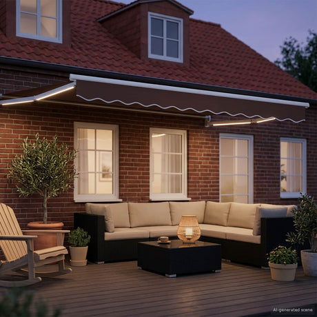 Vidaxl handbediende luifel met led's bruin en wit 3,5 x 2,5 m