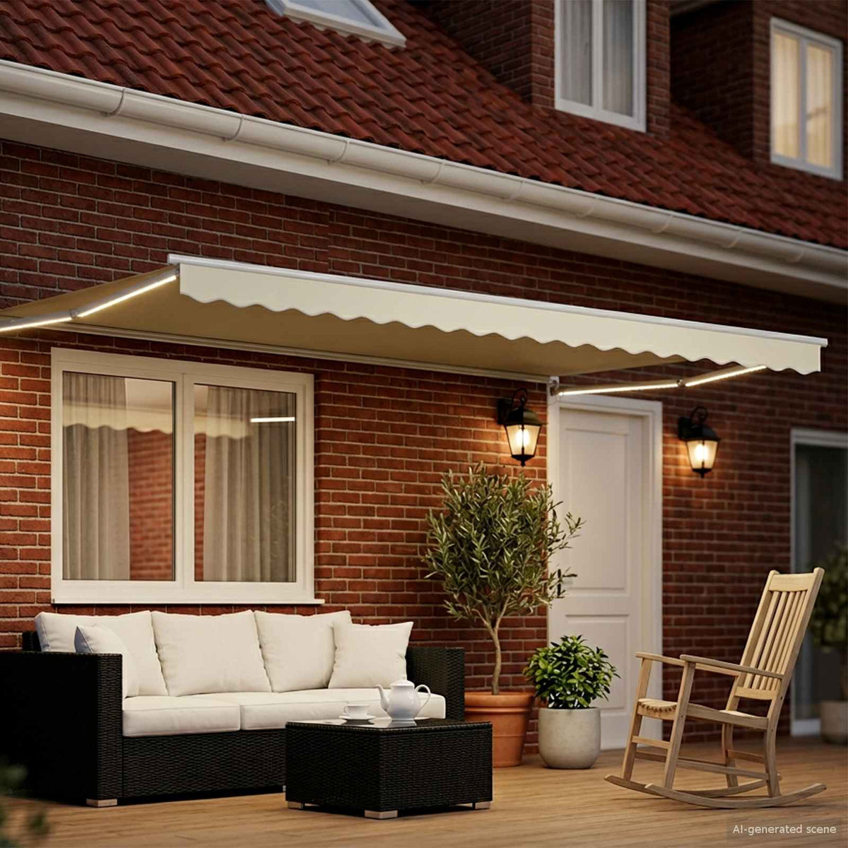 Vidaxl handbediende luifel met led's crème en wit 4 × 3 m