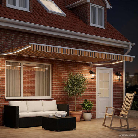 Vidaxl handbediende luifel met led's geel, grijs en wit 4,5 × 3 m