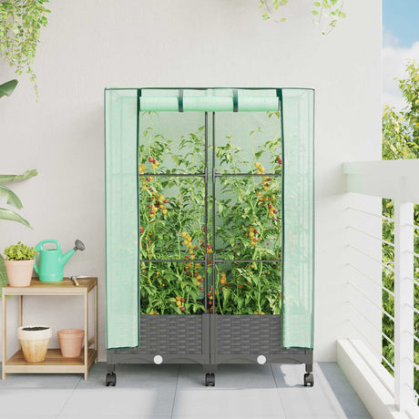 Vidaxl tuinplantenbak met kasbedekking en wielen 2 st lichtgrijs pp