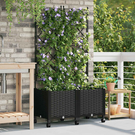 Vidaxl tuinplantbak met schutting en wielen 2 st zwart pp