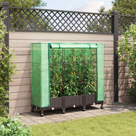 Vidaxl tuinplantenbak met kasbedekking en wielen 3 st bruin pp