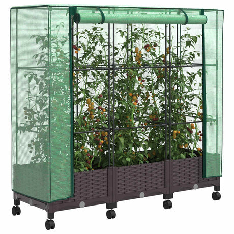 Vidaxl tuinplantenbak met kasbedekking en wielen 3 st bruin pp