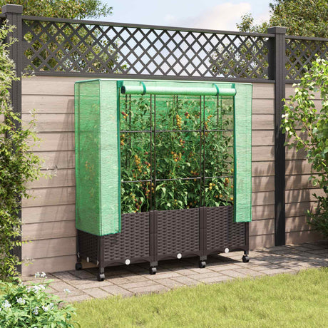 Vidaxl tuinplantenbak met kasbedekking en wielen 3 st bruin pp
