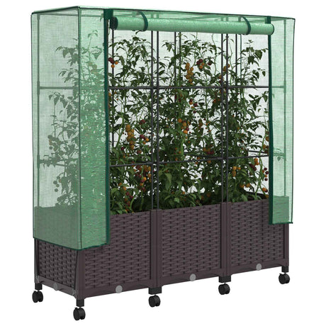 Vidaxl tuinplantenbak met kasbedekking en wielen 3 st bruin pp