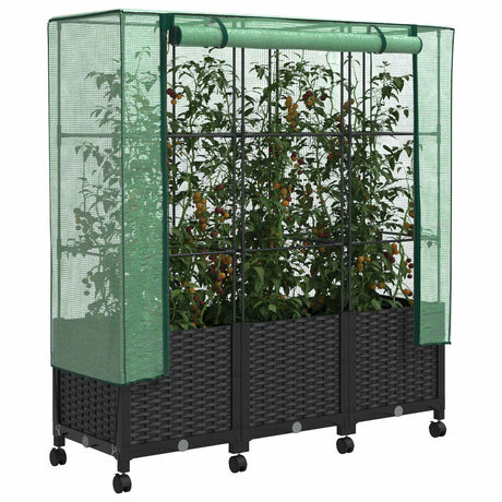 Vidaxl tuinplantenbak met kasbedekking en wielen 3 st zwart pp