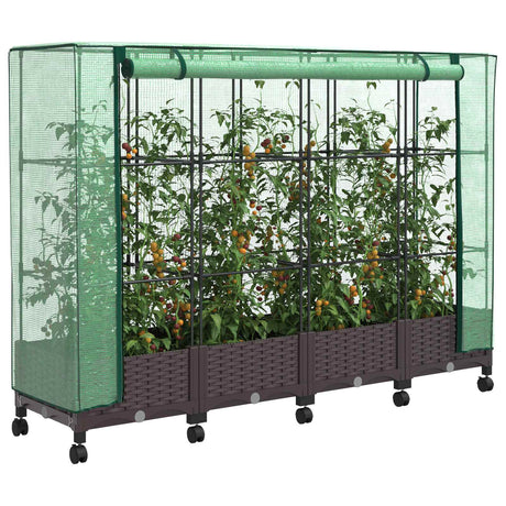 Vidaxl tuinplantenbak met kasbedekking en wielen 4 st bruin pp