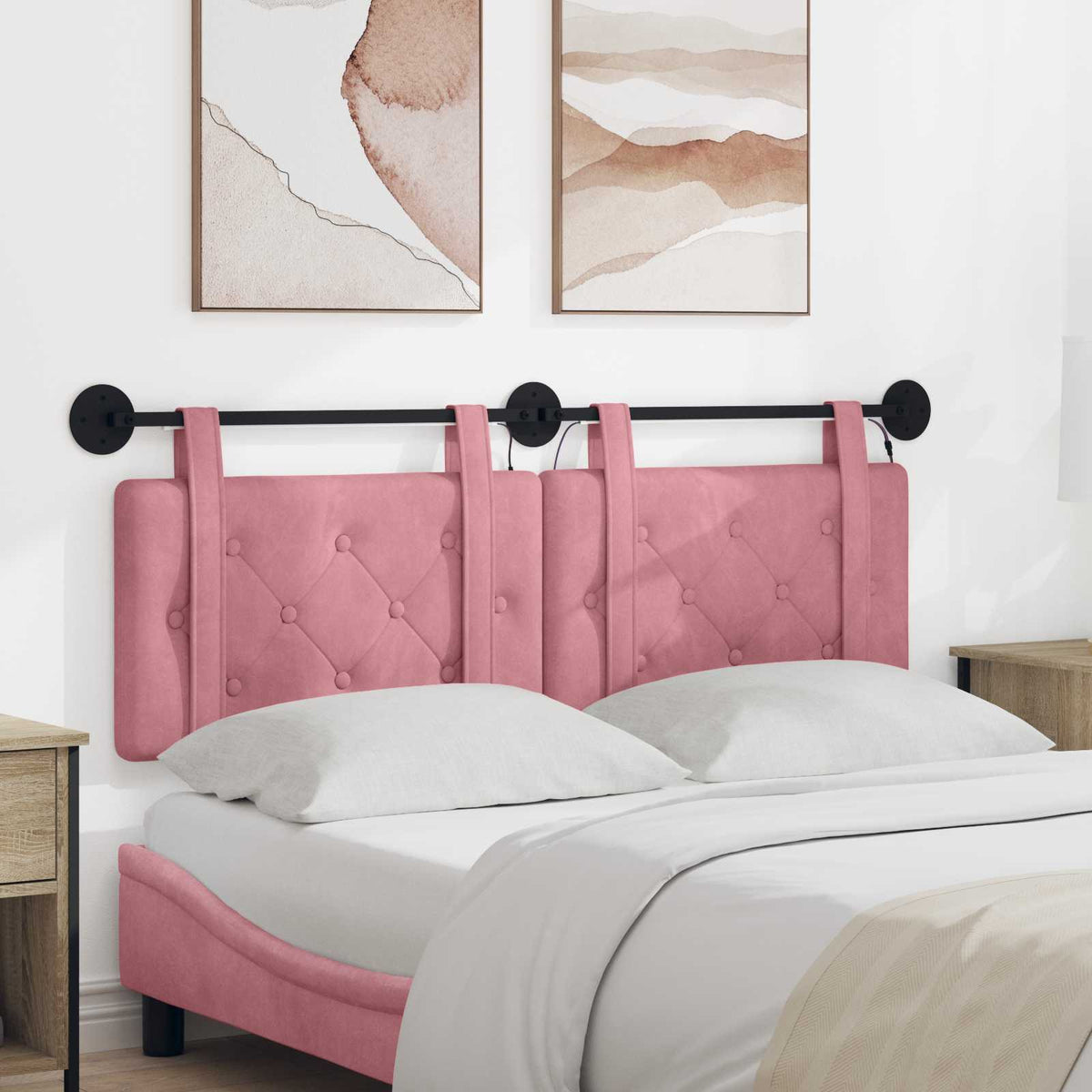 Vidaxl hangend hoofdbord met led-verlichting roze fluweel