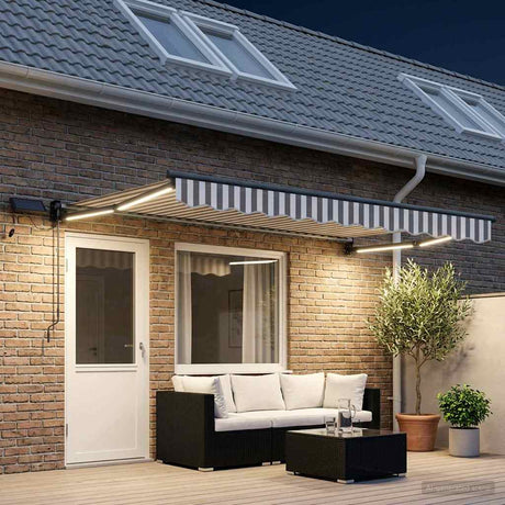 Vidaxl handbediende luifel met led's lichtgrijs en wit.