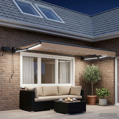 Vidaxl handbediende luifel met led's taupe 100% polyester en aluminium