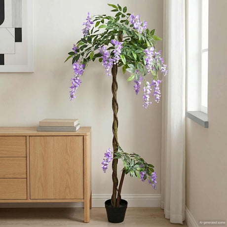 Vidaxl artificial bean flower tree paars 80 x 18 x 160 cm stof en hout