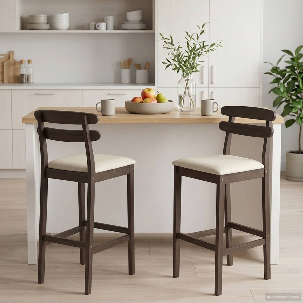 Vidaxl barkruk 2 st lichtbruin en beige massief rubberhout en stof