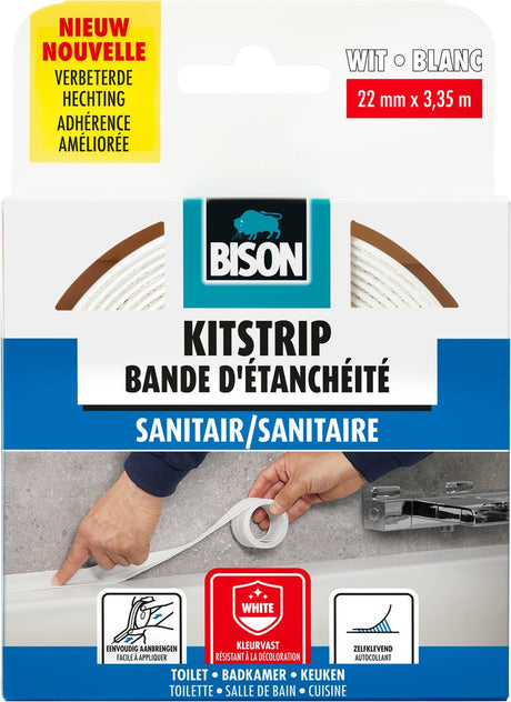 Bison kitstrip sanitair wit 22 mm x 3.35 m, zelfklevend, afdichtstrip, waterdicht, voor allerlei voegen, douchebak, aanrecht, spoelbak, vloer en tegels
