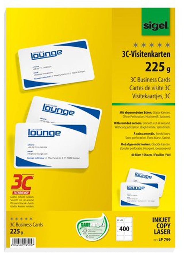 Sigel visitekaartjes wit 85x55 mm 225 gram 400 stuks met afgeronde hoeken
