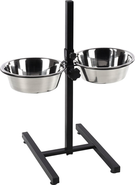 Flamingo voerbak hond – duo dinner staander otis zilver zwart 2x2,5l – verstelbare eet- en drinkpot met inox kommen