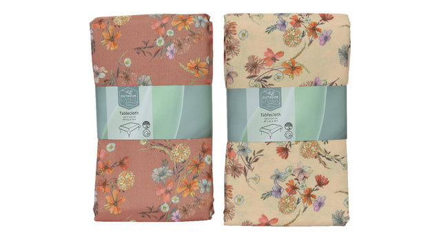 Tablecloth polyester oblong flowers 2col assorted outdoor 140x250cm