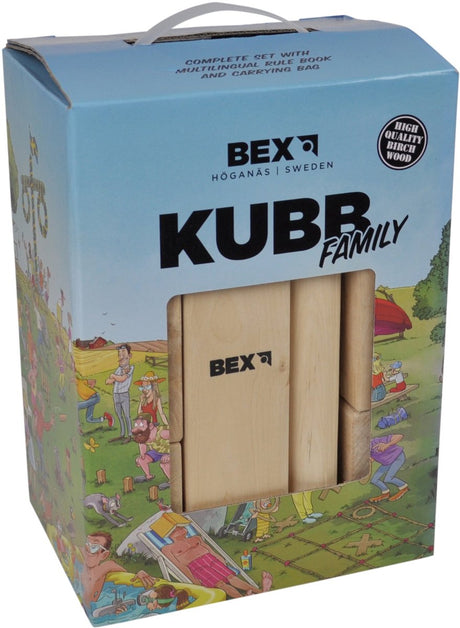 Bex kubb family – zweeds vikingschaak – buitenspel – fsc berkenhout – koning met houtkleurige kroon – vanaf 8 jaar – inclusief opbergnet met trekkoord