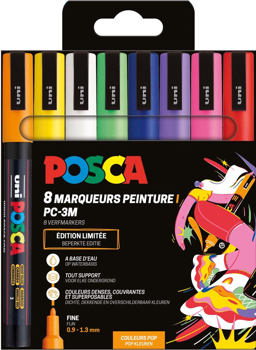 Posca uni paintmarker pc-3m | 1 | 5 mm | etui van 8 stuks in geassorteerde pop kleuren