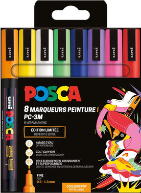 Posca uni paintmarker pc-3m | 1 | 5 mm | etui van 8 stuks in geassorteerde pop kleuren