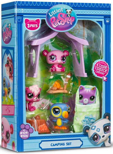 Bandai littlest pet shop - kampeerset pack 3 dieren en accessoires - littlest pet shop lps panda squirrel toekan - mini cute animal figure toy set - speelgoed voor kinderen van 4 jaar en + - bf00574