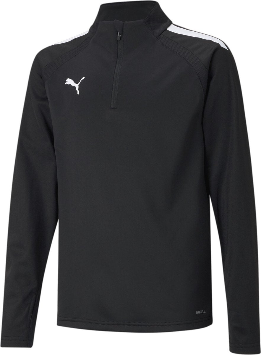 Puma teamliga 1 4 zip top jr unisex sportshirt - black- white 164