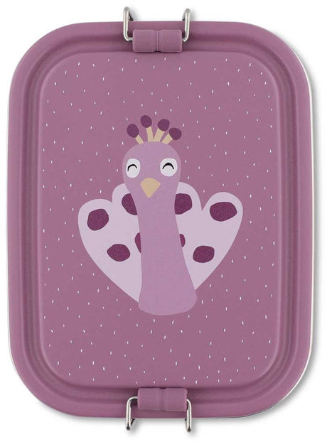 Trixie | brooddoos klein - mrs. peacock - rsv lunchbox voor kinderen - makkelijk te openen broodtrommel - paars - pauw - rvs