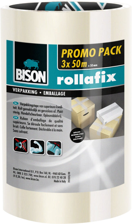 Bison 3 rollen rollafix verpakkingstape transparant voordeelpak 50 meter x 5 cm, met de hand afscheurbaar, sterke verpakkingstape