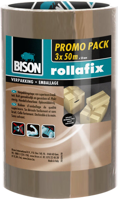Bison 3 rollen rollafix verpakkingstape bruin voordeelpak 50 meter x 5 cm, met de hand afscheurbaar, sterke verpakkingstape