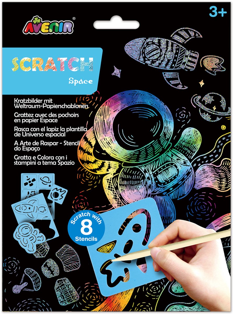 Avenir scratch art - ruimte - 17x23x0,5cm - met 8 sjablonen - 3 jaar
